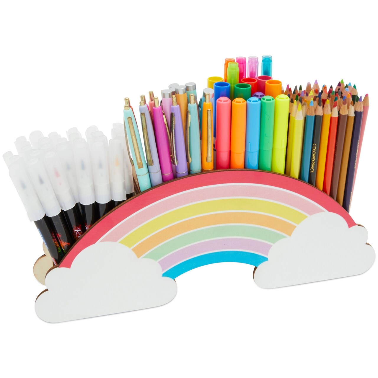 Rainbow Wooden Pen Holder for Desk, Cute School Supplies (12.6 x 5.04 x 2.32 In)